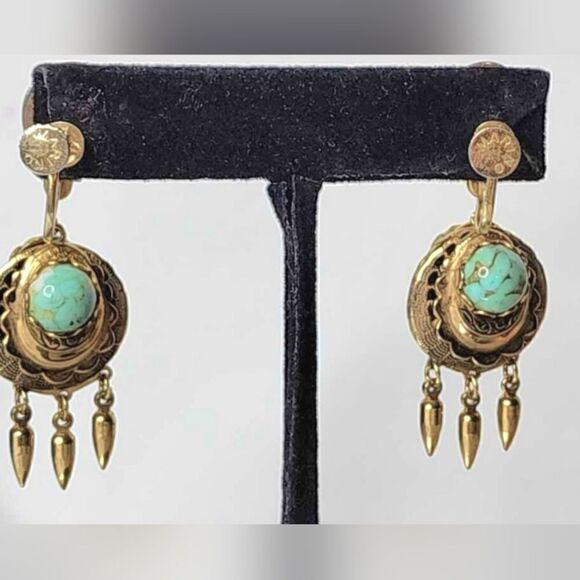 Marino Vintage Gold turquoise dangle screwback earrings - Picture 5 of 6